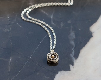 Tiny silver necklace handmade with a nugget of solid 14k yellow gold in a bed of sterling silver wire - "Nest Necklace"