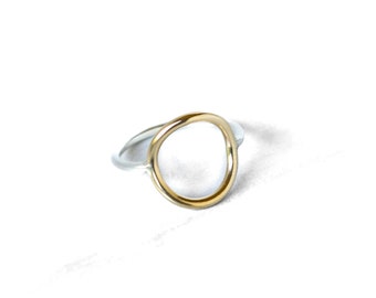 Dainty handmade ring, 14K yellow gold circle placed on a dainty silver band, perfect for everyday - "Simple Classic Circle Ring"