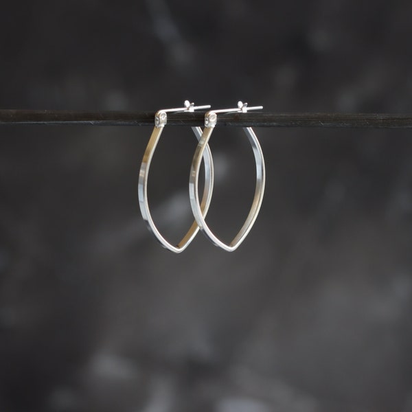 Small modern silver earrings with a pointy hoop like lightweight design for everyday wear or casual occasion - "Small Porter Hoops"