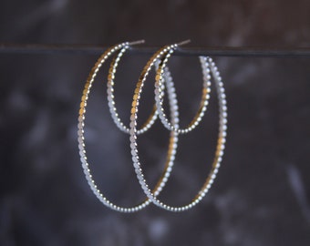Large and eye-catching sterling silver hoops, double hoop design of flattened beaded wire, unique twist on the classic hoop - "Cielo Hoops"