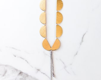 Streamlined brass lariat necklace of rows of joined half moon textured shapes w/ dangling silver rolo chain pieces - "Brass Elara Necklace"