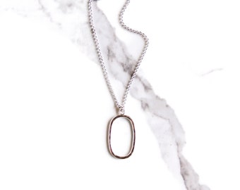 Simple hammered silver rounded rectangle everyday necklace worn alone or layered w/ a charcoal chain - "Aether Necklace"