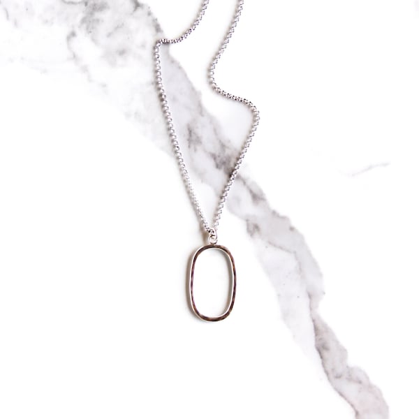 Simple hammered silver rounded rectangle everyday necklace worn alone or layered w/ a charcoal chain - "Aether Necklace"