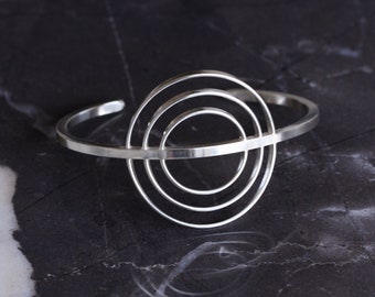 Recycled sterling silver round sun inspired cuff bracelet, unique design handmade of flattened and square silver wire - "Mitra Cuff"