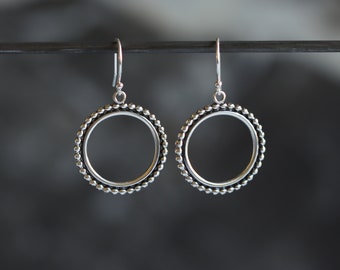 Unique round silver earrings & concentric beaded and plain silver wire circles oxidized to highlight design detail - "Relic Circles - small"