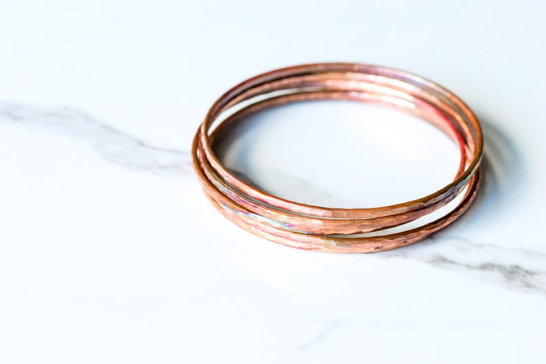 Set of five hammered copper bracelets formed and heat treated for a unique modern look and splash of fall colors - "Desert Bangles - Copper" image 6