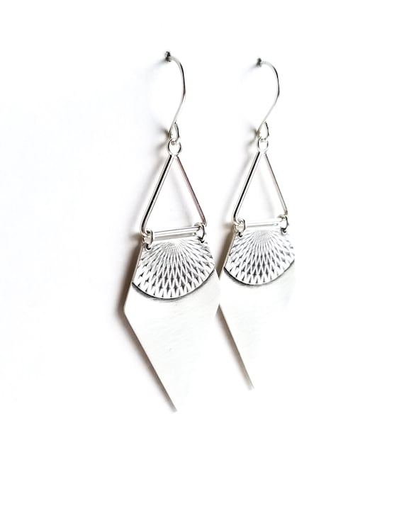 Eye-catching silver earrings in a long arrowhead shape handmade by joining silver wire w/ overlay sheet in a sleek design - "Freya Earrings"