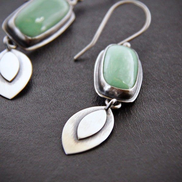 Statement earrings handmade with green variscite stone and silver in a long slender shape with a dangle leaf - "Fluttering Earrings"