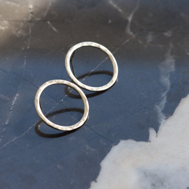 Round silver post earrings of hammered texture perfect everyday go-to pair Simple Classic Circle Earrings image 3