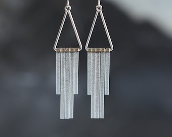 Tassel fringe earrings, modern and edgy boho chic ear dangle design with shimmer patterned bars paired with a triangle - "Linea Earrings"