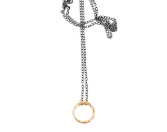 Brushed yellow gold necklace hammered by hand and paired w/ black oxidized silver chain - "Simple Classic Circle Necklace in 14k Solid Gold"