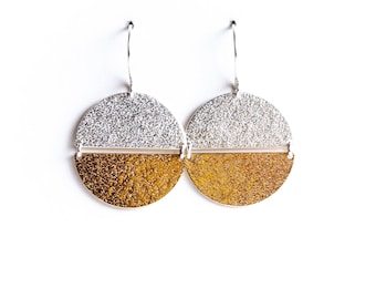 Perfect mixed metal everyday earrings handmade w/ brass and sterling silver half circle moon shapes for striking contrast - "Elara Earrings"