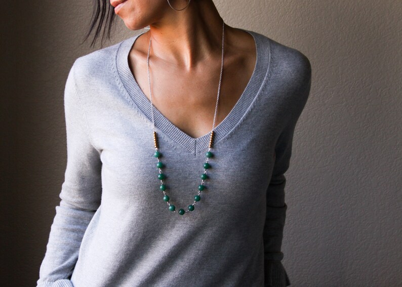 Tula necklace sterling silver and forest green chalcedony beads with a bright pairing of brass beads long length necklace