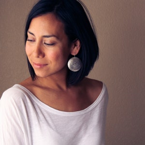 Cultural silver earrings, bold round silver dangles with an intricate pattern and earthy feel, travel inspired Silver Mandala Earrings image 1