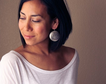 Cultural silver earrings, bold round silver dangles with an intricate pattern and earthy feel, travel inspired - "Silver Mandala Earrings"