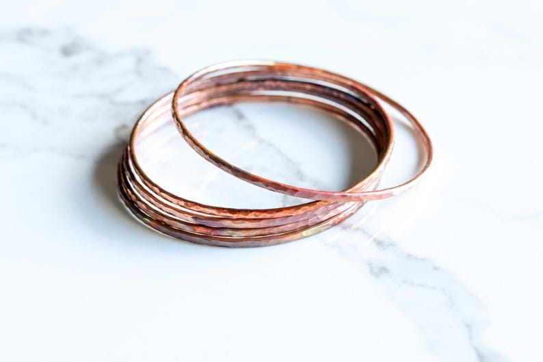 Set of five hammered copper bracelets formed and heat treated for a unique modern look and splash of fall colors - "Desert Bangles - Copper" image 3