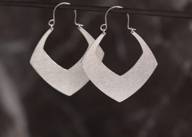 Bold sterling silver earrings in a unique geometric shape and with pattern on both sides, lightweight boho style dangles Temple Earrings image 8