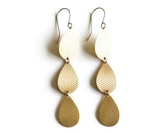 Warm brass earrings handmade with a trio of textured brass teardrops connected in a linear line - "Lena Earrings - Brass"