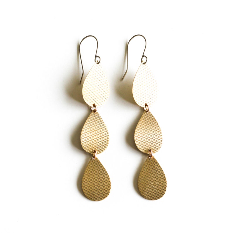 Warm brass earrings handmade with a trio of textured brass teardrops connected in a linear line Lena Earrings Brass image 1
