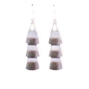 Sterling silver veil earrings of three dramatically connected trapezoid shapes each of which is textured and domed Drape Earrings image 4