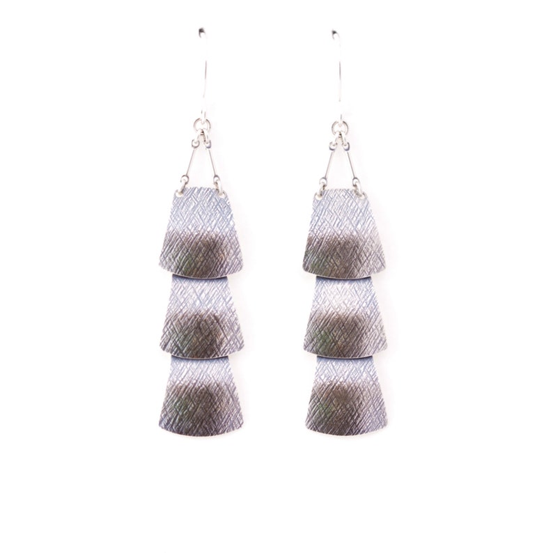 Sterling silver veil earrings of three dramatically connected trapezoid shapes each of which is textured and domed Drape Earrings image 4