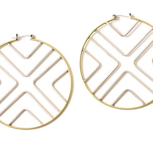 Vibrant and bold mix metal hoop earrings handmade with brass and sterling silver joined in a geometric pattern boho style Solis Earrings image 5