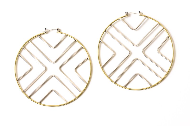 Vibrant and bold mix metal hoop earrings handmade with brass and sterling silver joined in a geometric pattern boho style Solis Earrings image 5