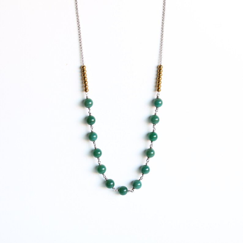 Tula necklace sterling silver and forest green chalcedony beads with a bright pairing of brass beads long length necklace