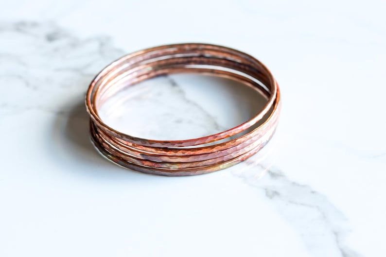 Set of five hammered copper bracelets formed and heat treated for a unique modern look and splash of fall colors - "Desert Bangles - Copper" image 4