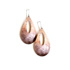 Bold copper earrings in a large teardrop shape oxidized and embossed for depth and added visual appeal Wheat Fields Earrings image 3