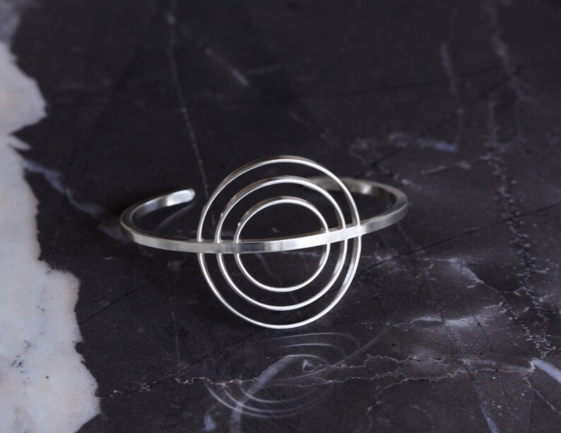 Recycled sterling silver round sun inspired cuff bracelet, unique design handmade of flattened and square silver wire Mitra Cuff image 4