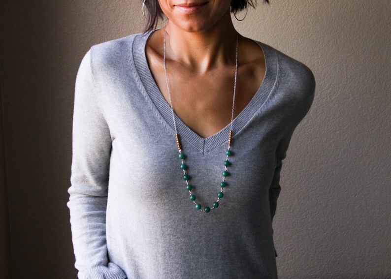 Tula necklace sterling silver and forest green chalcedony beads with a bright pairing of brass beads long length necklace