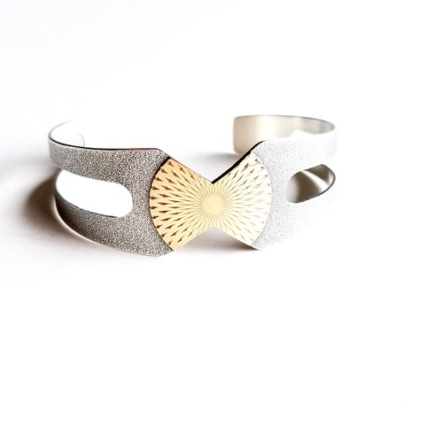 Mixed metal cuff bracelet inspired by old-world ethnic Morocco, geometric design of brass sunburst circle on silver - 