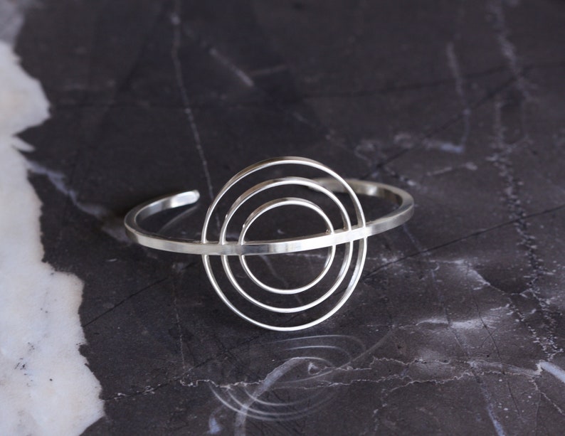 Recycled sterling silver round sun inspired cuff bracelet, unique design handmade of flattened and square silver wire Mitra Cuff image 7