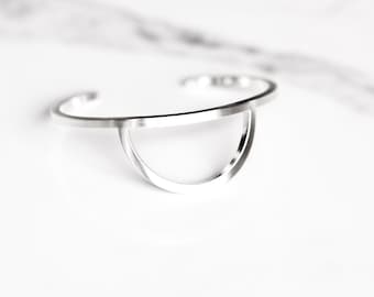 Fashionable and minimalist sterling silver bracelet, modern stackable cuff w/ a focal half circle shape, distinctive design - "Athena Cuff"