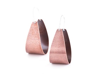 Modern copper earrings with silver earwires in a fashionable arc shape that swing lightly in a fun way - "Copper Scoop Earrings"