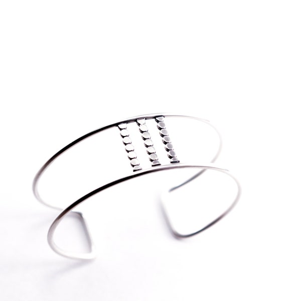Comfortable silver wire cuff bracelet, geometric design of smooth round wire accented w/ flattened strips of beads - "Parallel Cuff - Small"