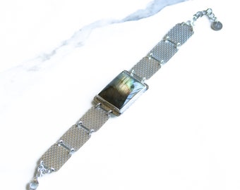 Luminous bracelet 2 - bright labradorite and recycled sterling silver striking modern rectangular and square shape bracelet - OOAK