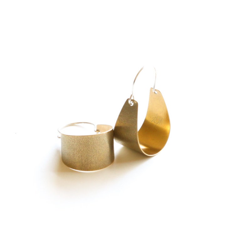 Small brass earrings lightweight and comfortable to wear, modern design with a textured surface Small Brass Scoop Earrings image 1