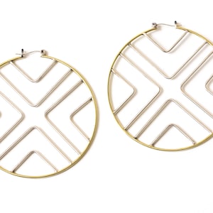 Vibrant and bold mix metal hoop earrings handmade with brass and sterling silver joined in a geometric pattern boho style Solis Earrings image 1