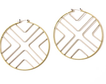 Vibrant and bold mix metal hoop earrings handmade with brass and sterling silver joined in a geometric pattern boho style - "Solis Earrings"