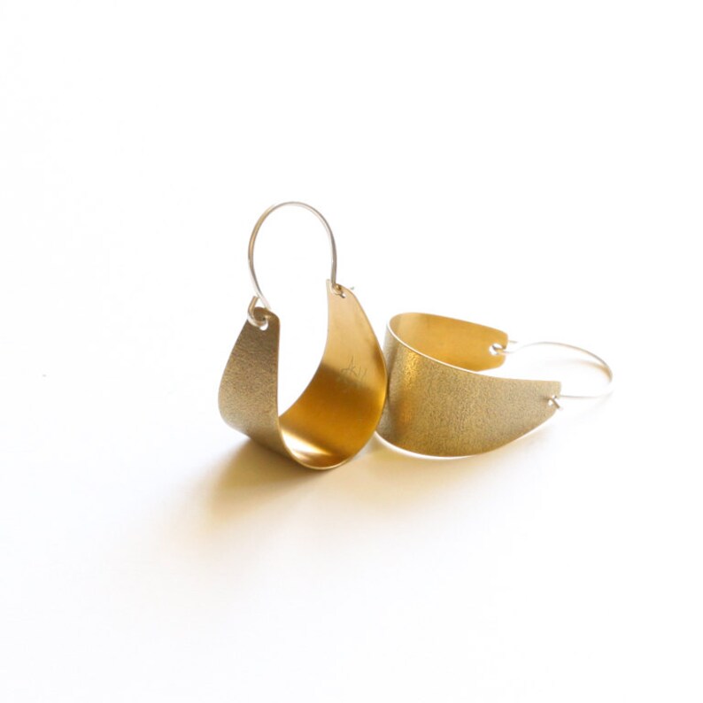 Small brass earrings lightweight and comfortable to wear, modern design with a textured surface Small Brass Scoop Earrings image 5