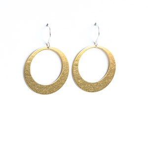 Sleek hoop earrings handmade with embossed brass and french earwires, comfortable and lightweight Lunar Hoops in Brass image 3