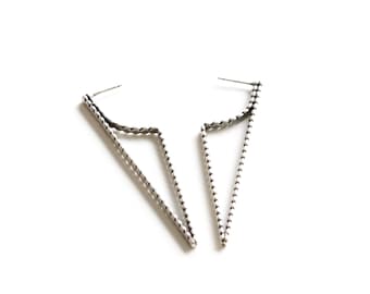 Long and eye-catching post earrings in a unique geometric shape handmade of flattened beaded sterling silver wire - "Persephone Studs"