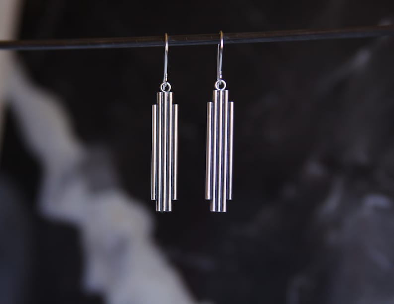 Art deco earrings, geometric line style sterling silver earrings, minimalist global modern lightweight ear dangles Toltec Earrings image 3