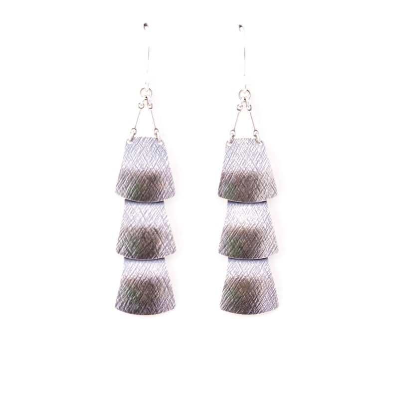 Sterling silver veil earrings of three dramatically connected trapezoid shapes each of which is textured and domed Drape Earrings image 1