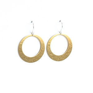 Sleek hoop earrings handmade with embossed brass and french earwires, comfortable and lightweight Lunar Hoops in Brass image 1