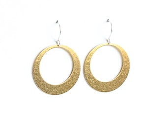 Sleek hoop earrings handmade with embossed brass and french earwires, comfortable and lightweight - "Lunar Hoops in Brass"