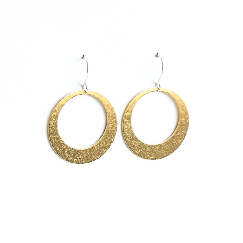 Sleek hoop earrings handmade with embossed brass and french earwires, comfortable and lightweight Lunar Hoops in Brass image 1