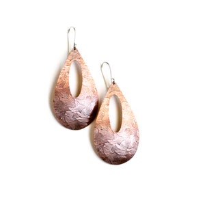 Bold copper earrings in a large teardrop shape oxidized and embossed for depth and added visual appeal Wheat Fields Earrings image 4